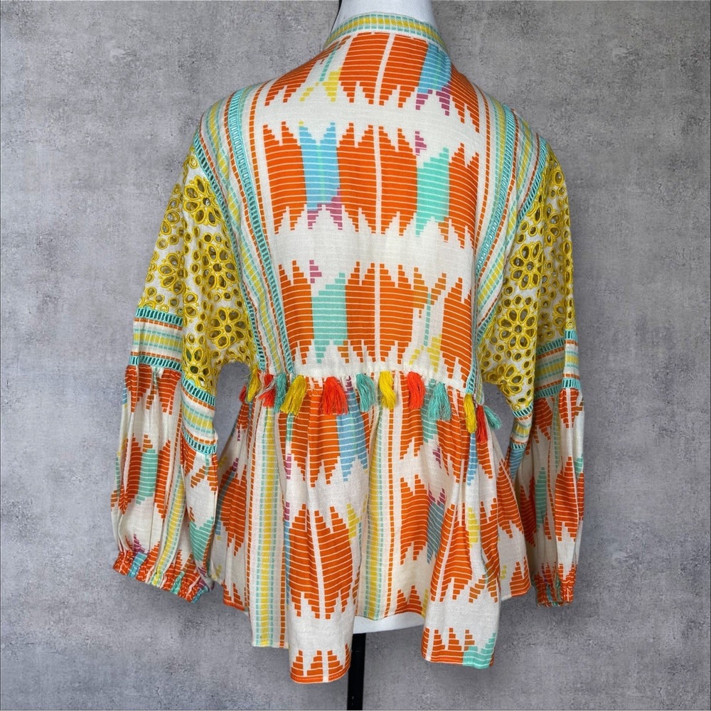 Alice And Olivia Ikat- Print Pullover Top Womens S Tassels Babydoll Boho Coastal - Picture 4 of 7